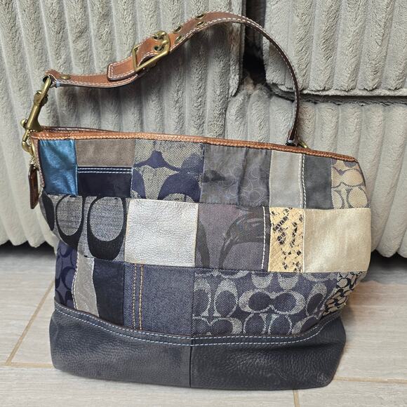 Coach Vtg Y2K Denim Patchwork Whiskey Leather Trim Shoulder Tote Bag 10003 - Picture 4 of 10